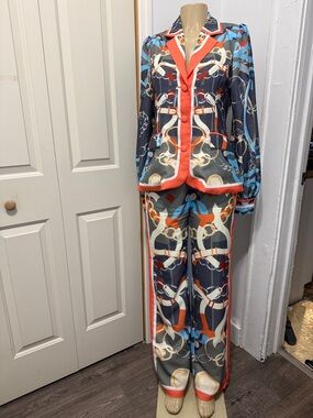 THE SANG Colorful Chain-Print Two-Piece Satin Suit - Coral Trim worn once